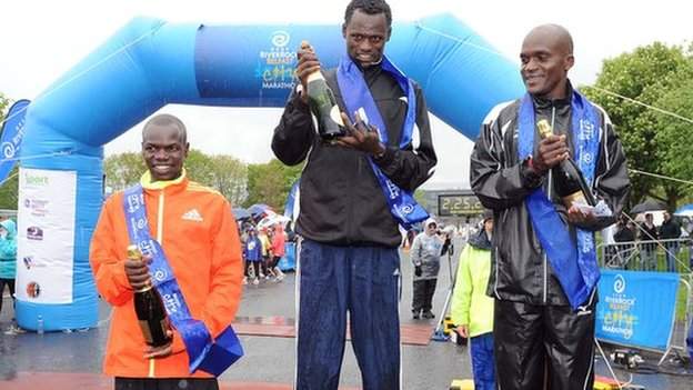 2012 Belfast Marathon winner Urga Negewo with runners-up David Kipserem Kisang and Jacob Chesire