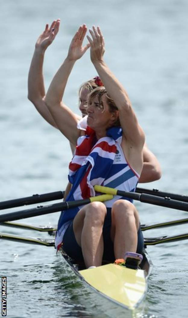 Grainger and Anna Watkins celebrate at the end of their gold medal race