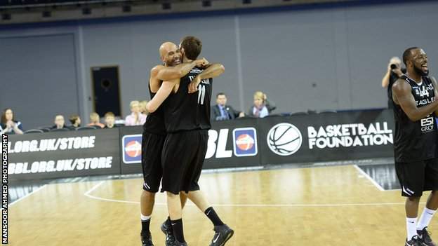 Newcastle Eagles players celebrate after winning the BBL Trophy