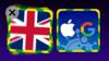 Графическая иллюстрация, показывающая значок британского приложения рядом с Apple / Google app
