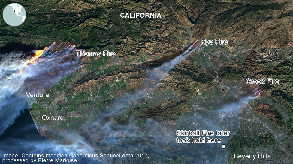 Лесные пожары в Калифорнии, снимок со спутника