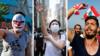 Составное изображение показывает протестующих в Чили, Гонконге и Ливане