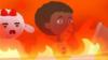 Фотография скопированного мультфильма, изображающего мальчика и овцу посреди пламени