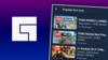 На этом составном изображении показан игровой логотип Facebook и скриншот популярных прямых трансляций из приложения, наложенные на фиолетовый градиентный фон