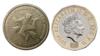 Монета 1 фунт стерлингов острова Мэн (слева) Монета 1 фунт стерлингов Великобритании (справа)