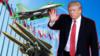 Дональд Трамп, самолет и несколько ракет перед флагами НАТО