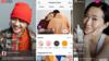 Здесь видны три экрана телефона - Instagram и Facebook в прямом эфире показывают моделировочные продукты типа влиятельных лиц (одна шляпа и один крем для лица) со ссылками для их покупки.