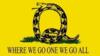 Изображение змеи в форме буквы Q и слоган «куда мы идем, мы идем все»