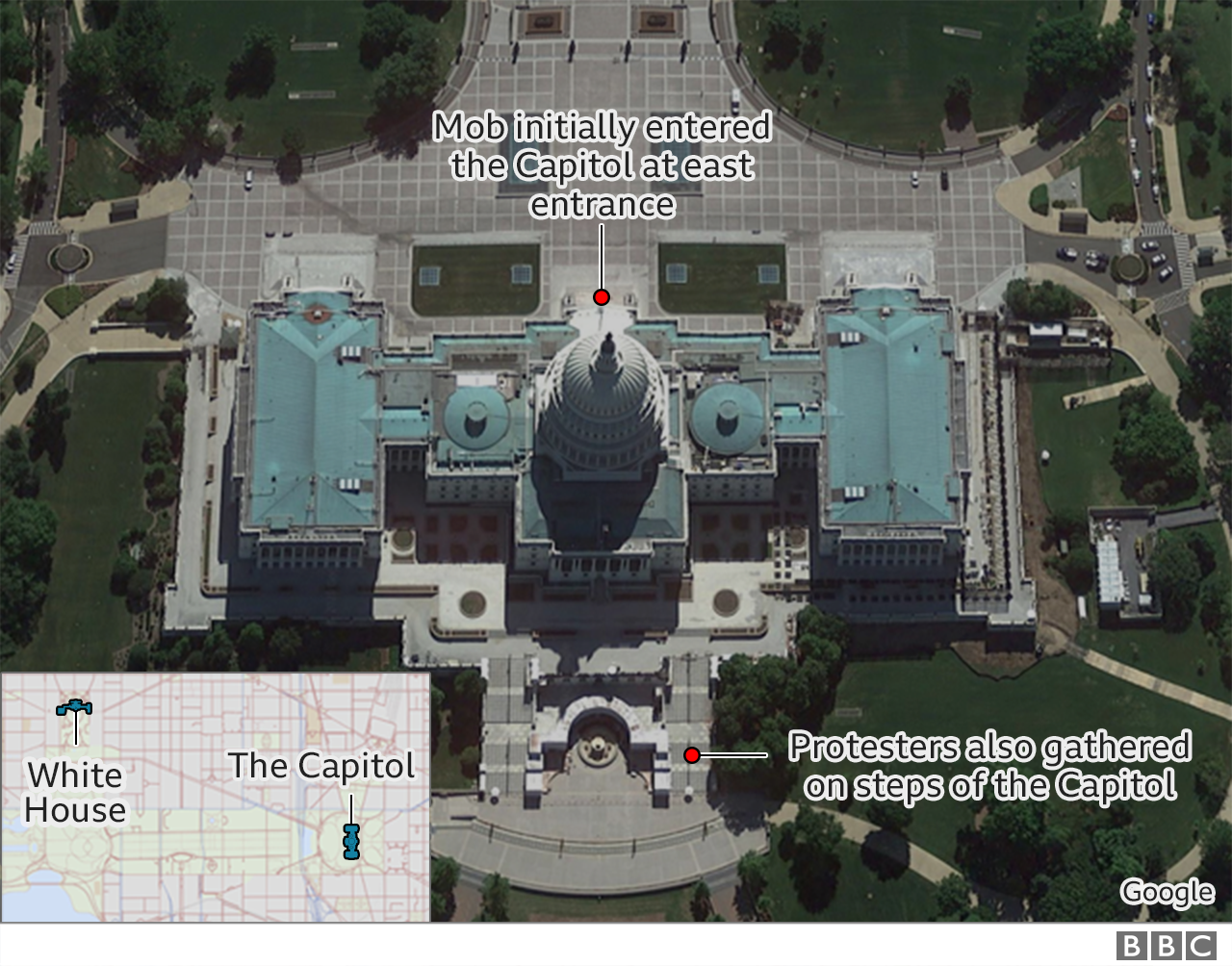 Спутниковый снимок Капитолия, показывающий, где толпа вошла у восточного входа
