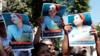 Марокканские активисты держат плакаты с изображением Хаджара Раисуни на акции протеста у здания суда Рабата