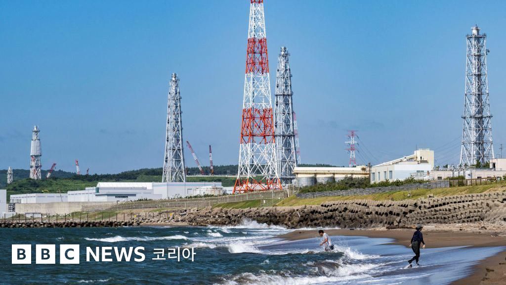 해변을 걷는 두 사람 뒤로 가시와자키-가리와 원자력발전소가 보이고 있다.