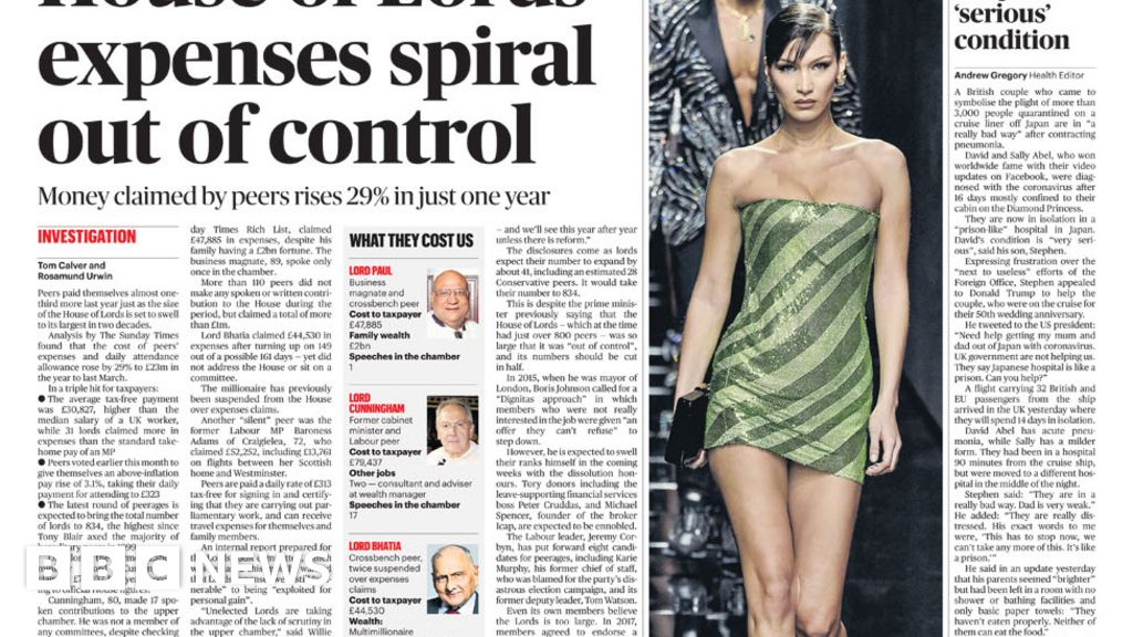 Headlines: the House of Lords expenses 'out of control' and No 10 defying the EU