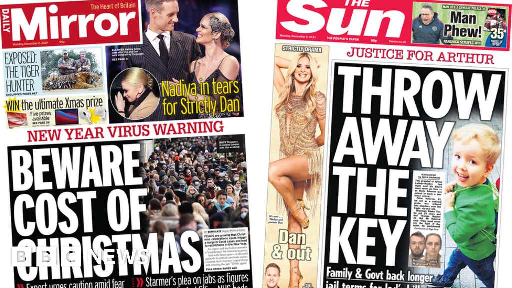Newspaper headlines: 'Beware cost of Christmas' and 'justice for Arthur' photograph