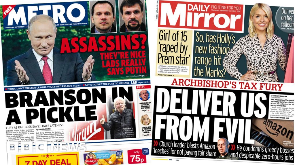 Newspaper headlines: Branson 'in pickle' and Archbishop's 'fury' - BBC News