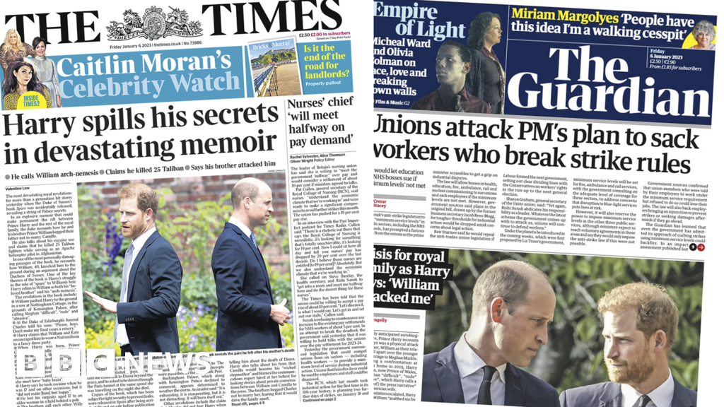 Newspaper headlines: ‘Harry spills secrets’ as ‘unions attack strike law’