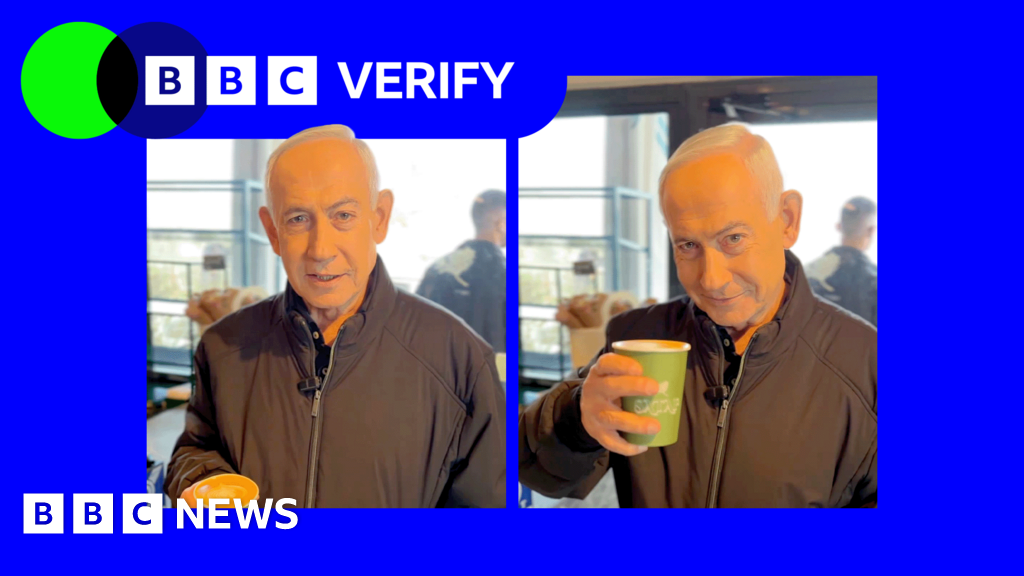 A graphical composite image showing the BBC Verify logo alongside two images of Benjamin Netanyahu holding a cup of coffee.