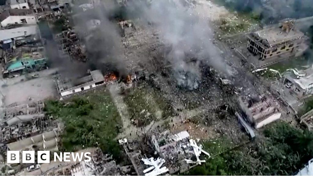 Thailand Drone shows destruction after fireworks warehouse explosion