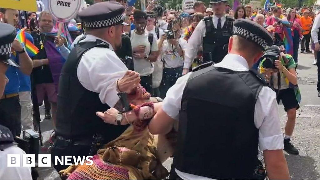 Police take away Just Stop Oil protesters from Pride parade