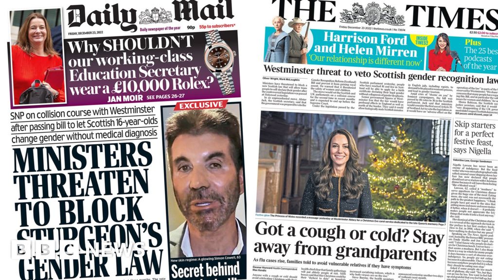 Newspaper headlines: ‘Threat to gender law’ and ‘stay away’ with flu from granny