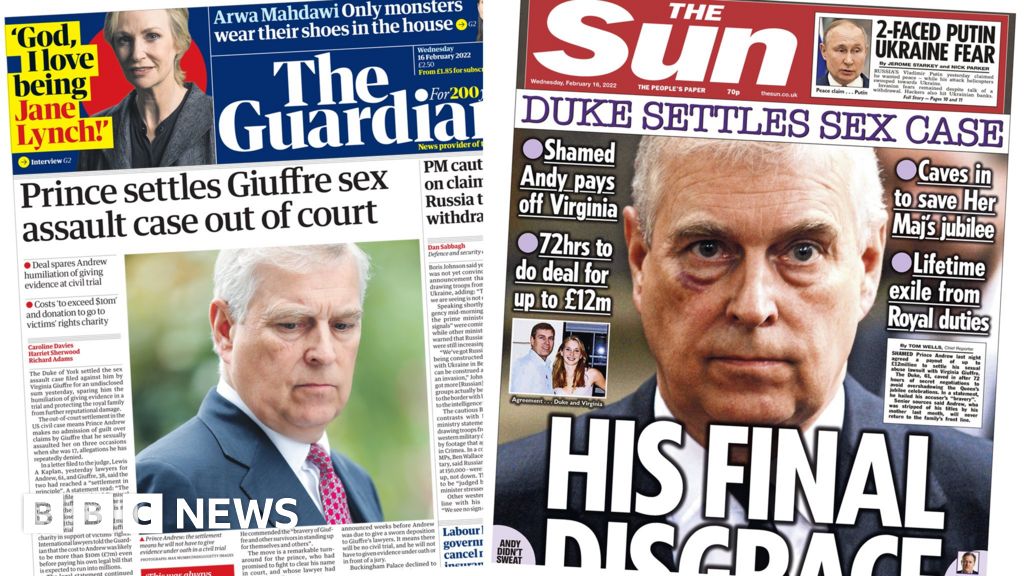 Newspaper headlines: Prince Andrew agrees settlement with Virginia ...