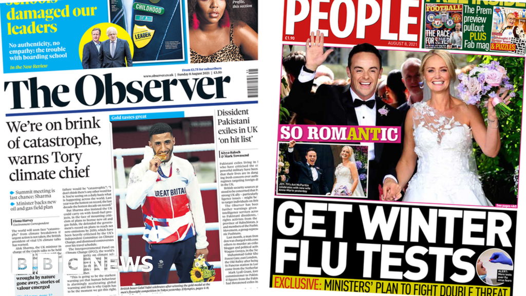 Newspaper Headlines Climate Catastrophe Warning And Winter Flu Tests