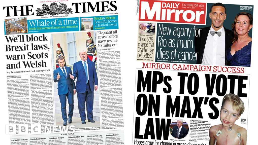 Newspaper Headlines Brexit Bill Revolt And Maxs Law Vote Bbc News 0381
