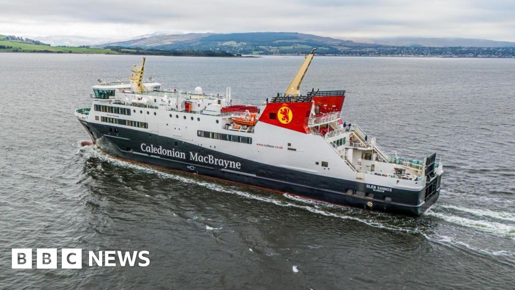 Glen Sannox, a black and white ferry with red funnels heads out into the Firth of Forth