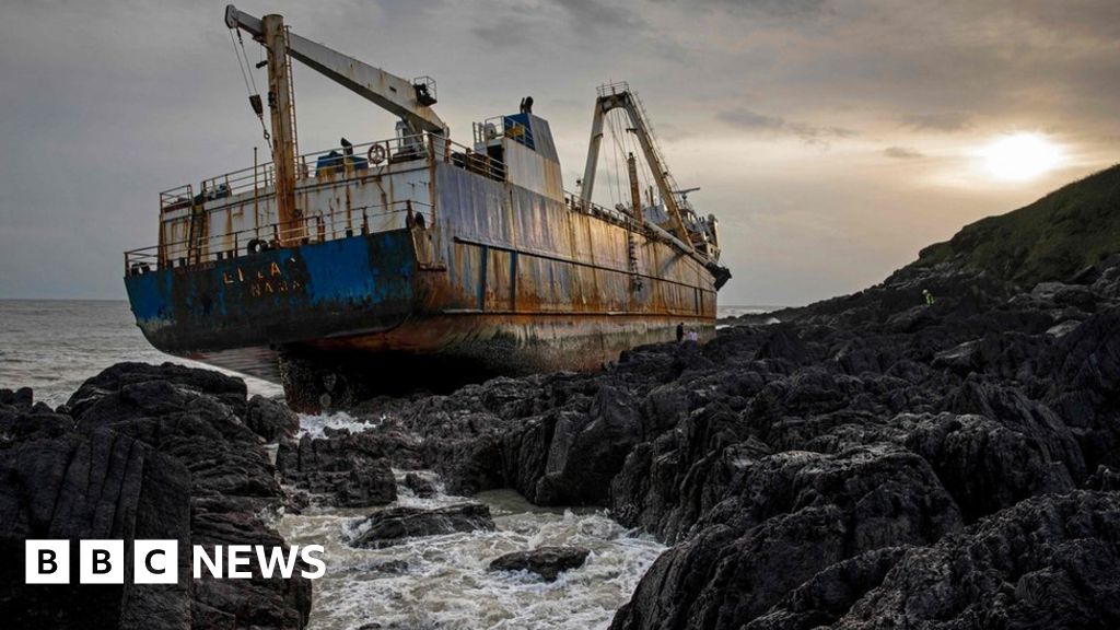 Dramatic photos show washed 'ghost ship', to by storm Dennis