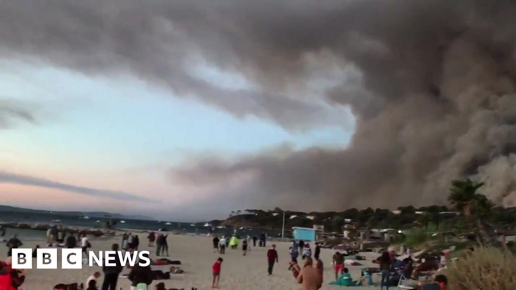Holidaymakers watch the fires from a French beach