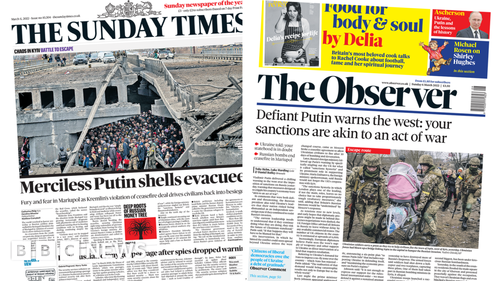 Newspaper headlines: 'Merciless Putin' and PM's six-point plan