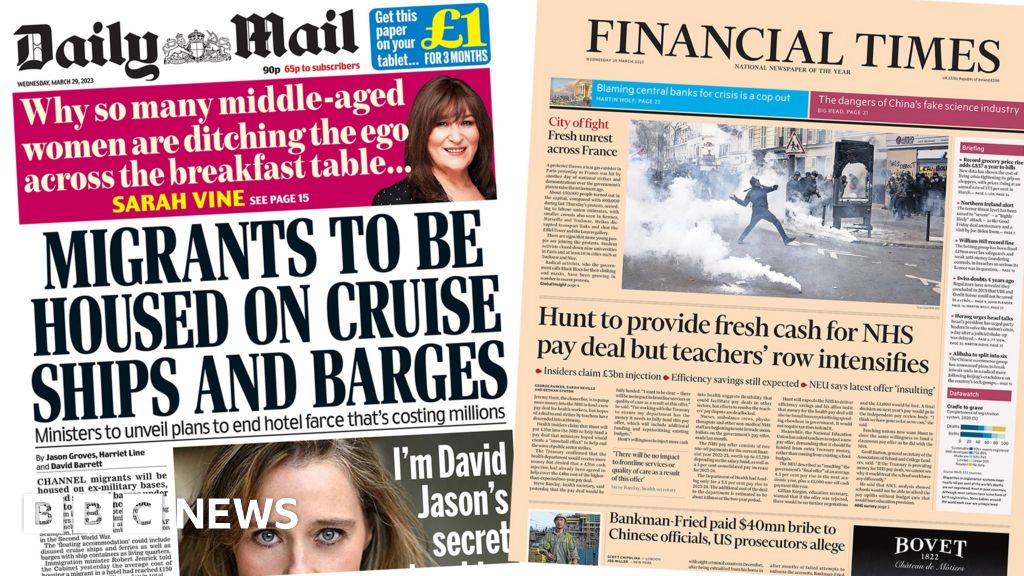 Newspaper headlines: ‘Cruise ships and barges’ to house migrants and ‘fresh cash for NHS’