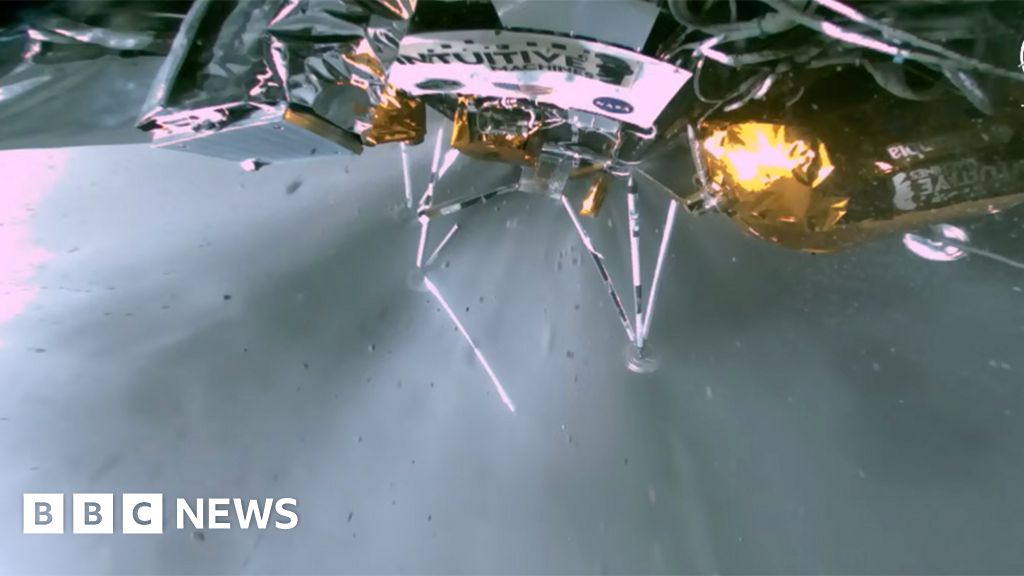 Интуитивни машини: Спускаемият модул на Луната е изобразен отстрани със счупен крак