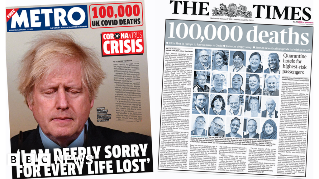 Newspaper headlines Front pages mark UK's 100,000 Covid deaths