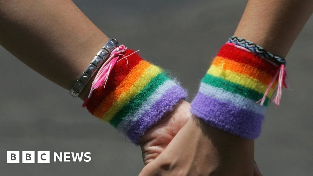 a lesbian couple wearing rainbow wristbands hold hands