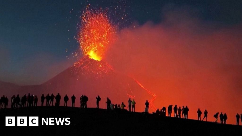 Watch: Drone footage shows explosive Mount Etna eruption - BBC News