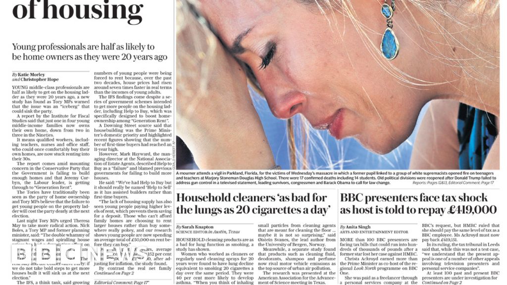 Newspaper headlines Millennial 'housing crisis' and 'early jail