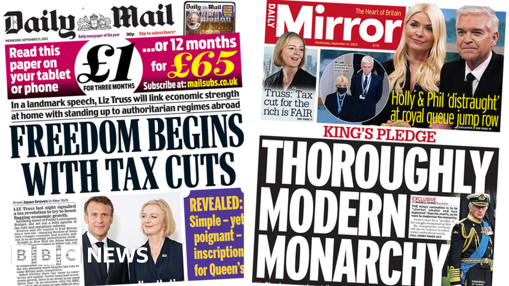 Newspaper headlines: 'Freedom begins with tax cuts' and 'modern ...