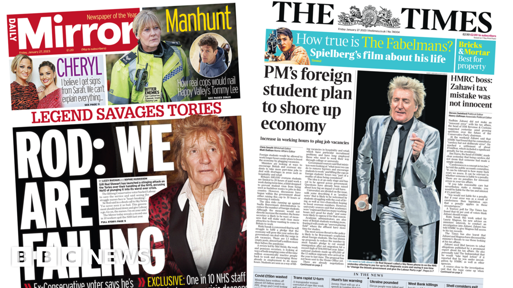 Newspaper headlines: 'Rod attacks Tories' and 'Zahawi hands over taxes'