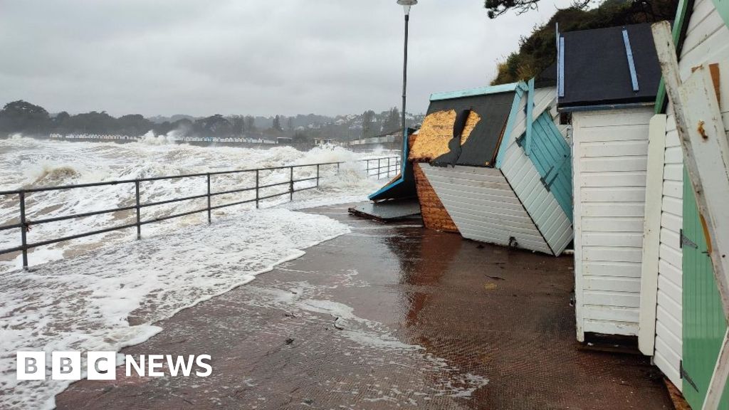 Damaged beach huts in Torbay