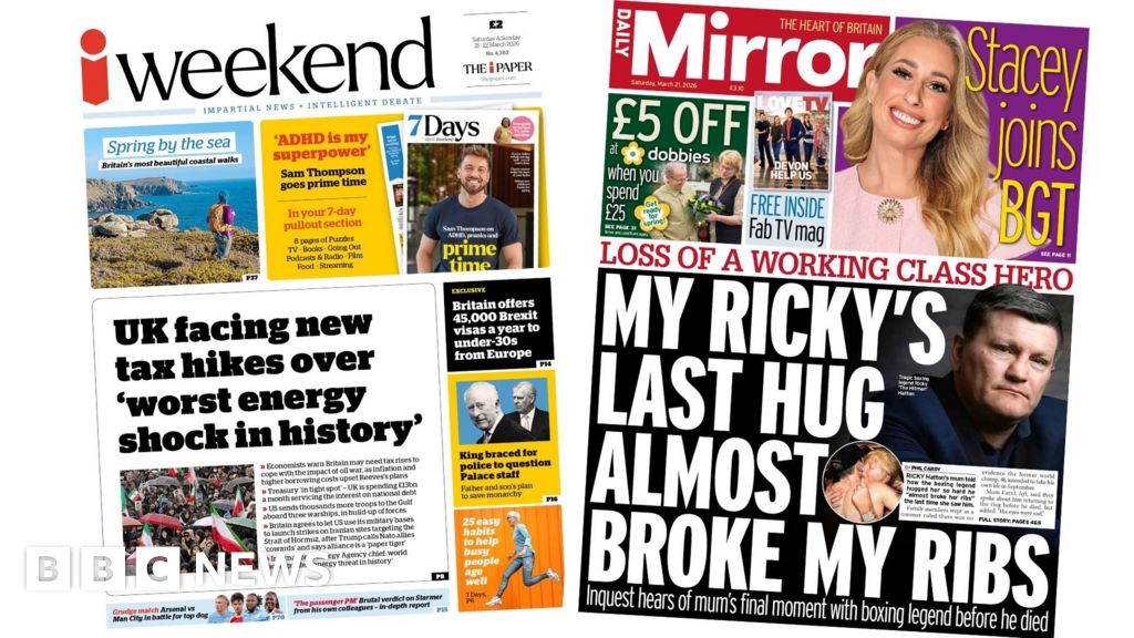 Newspaper headlines: 'UK facing new tax hikes' and 'My Ricky's last hug'