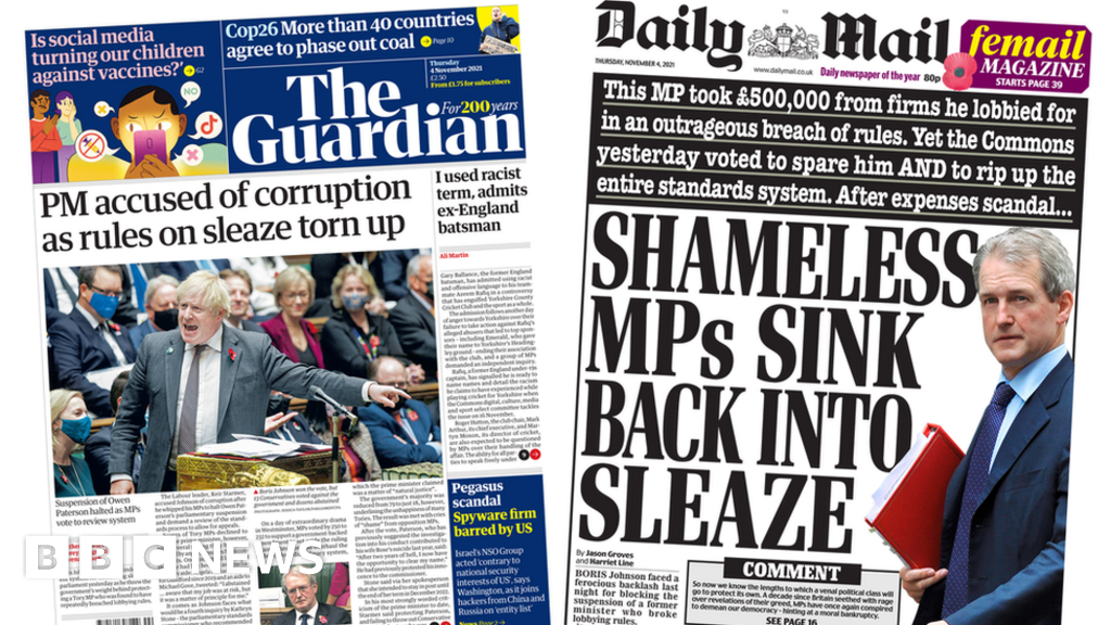 Newspaper headlines: Sleaze rules 'torn up' by 'shameless' Tory MPs - BBC  News