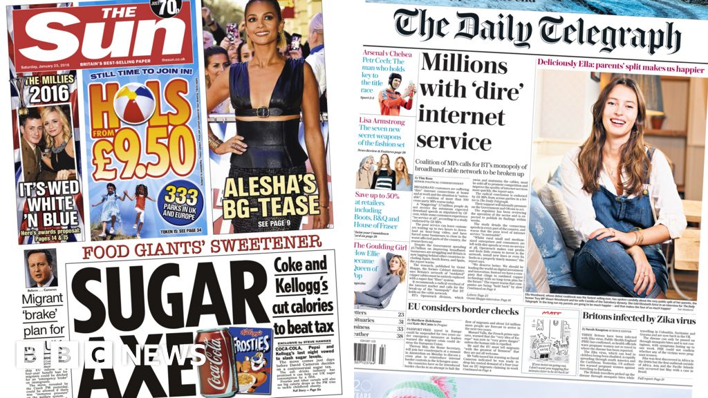 Newspaper headlines Sugar cut pledge, Google tax, EU 'at risk' and a Cotswolds village row