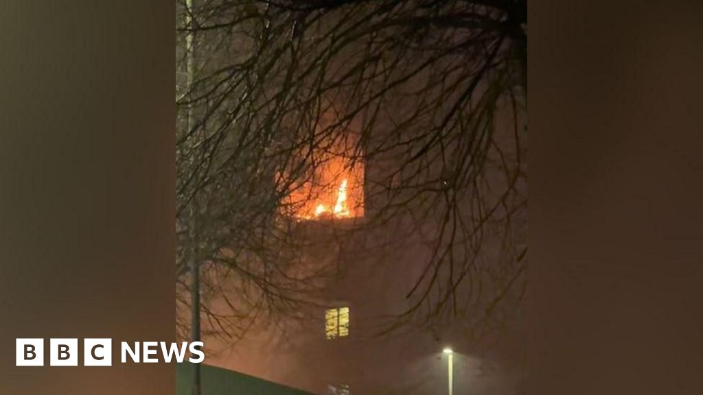 A blurry picture of a balcony fire on the third floor of a high-rise building. Branches of a tree can be seen in front.