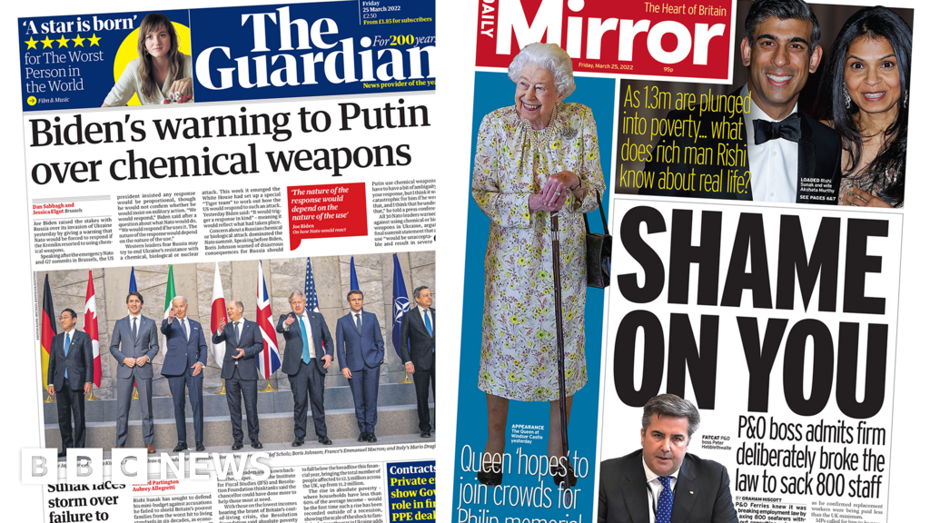 Newspaper headlines: Biden’s chemical weapon warning and ‘Shame on’ P&O