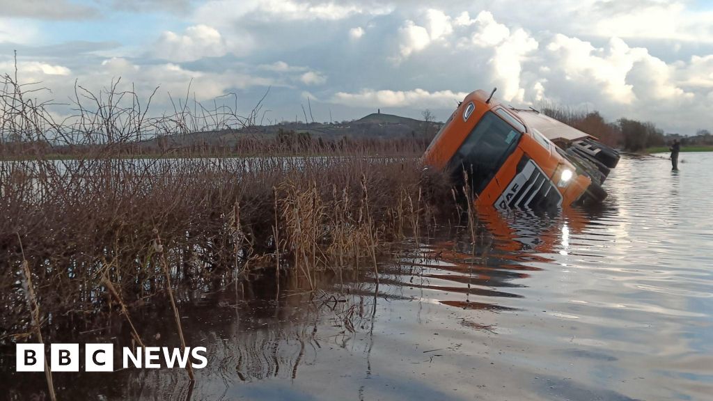 Lorry driver rescued after getting stuck in Somerset flood