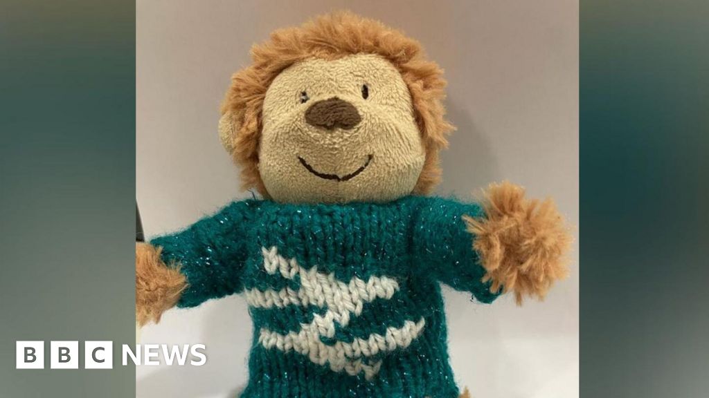 Monkey the teddy bear in a Network Rail jumper 