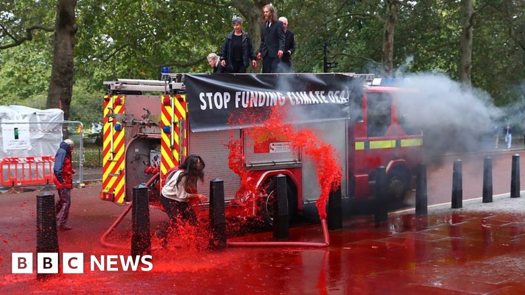 Protesters 'lose control of fake blood hose'
