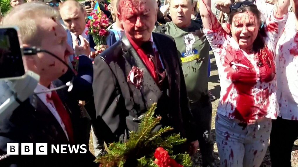 Russian envoy hit with red liquid in war cemetery