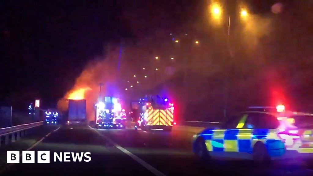 Washing machine lorry catches fire on A1 BBC News