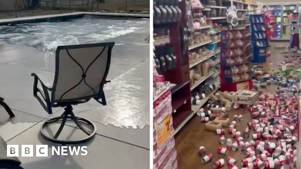 Moment earthquake hits California and damages store